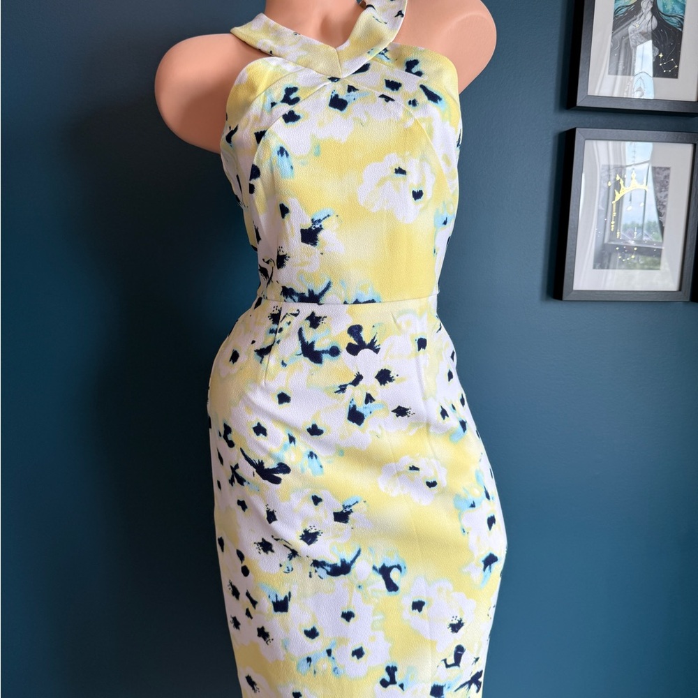 Yellow and Blue Halter Neck Sheath Midi Dress